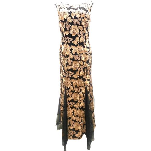 Alex Evenings Floral Soutache Gown Maci Dress Fit & Flare Tan Black Women's 12 - Picture 2 of 9